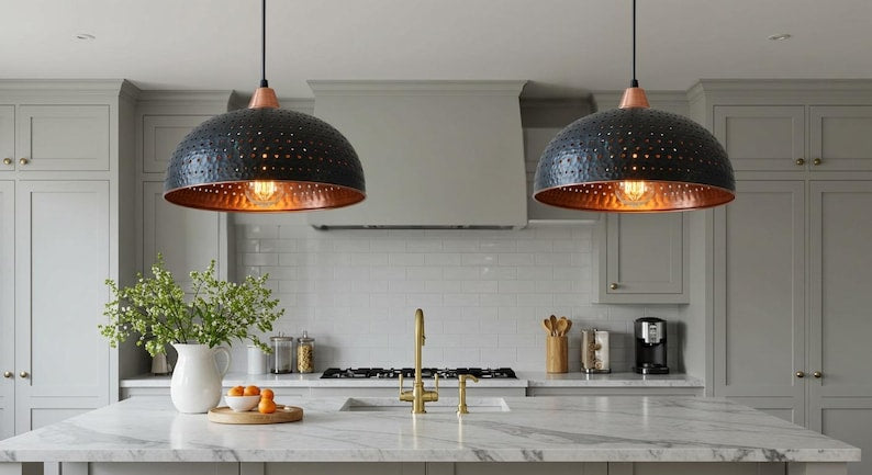 Black Hammered Copper Dome Pendant Light – Handmade Rustic Kitchen Island Ceiling Lamp