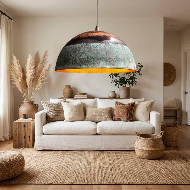 Green Patina Copper Dome Pendant Light – Handmade Rustic Copper Ceiling Lamp for Kitchen Island and Dining Room