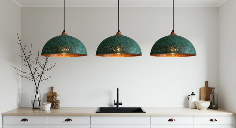 Green Patina Perforated Copper Dome Pendant Light – Handmade Rustic Ceiling Lamp for Kitchen Island and Dining Room