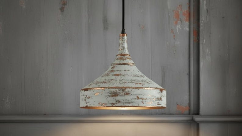 Distressed White Copper Pendant Light – Handmade Rustic Ceiling Lamp for Kitchen Island, Dining Room, and Entryway