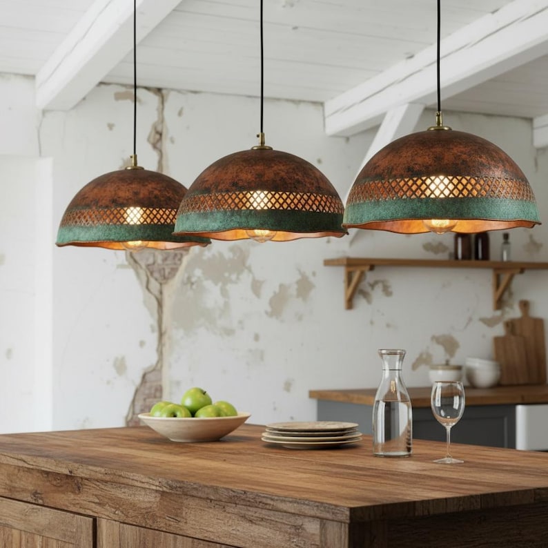 Handmade Copper Pendant Light with Perforated Pattern & Verdigris Edge – Rustic Ceiling Lamp