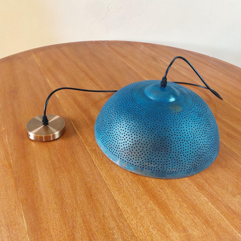 Handmade Perforated Copper Pendant Light with Blue Verdigris Patina – Rustic Dome Ceiling Lamp