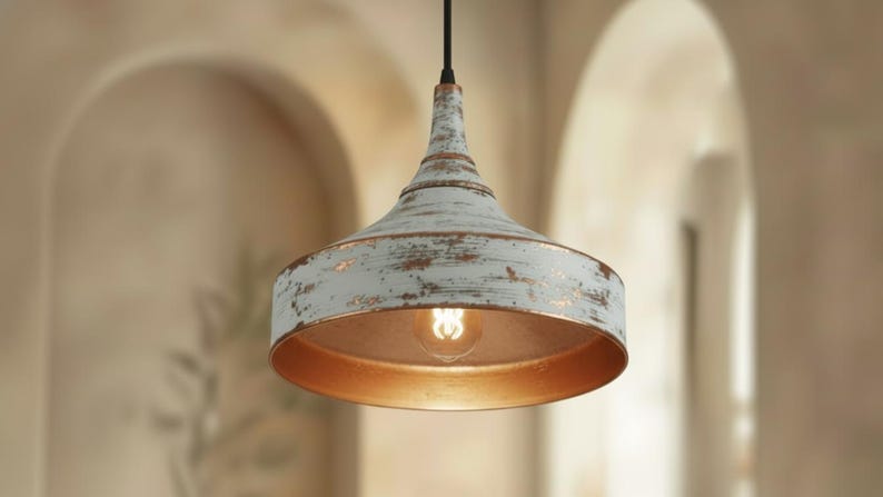 Distressed White Copper Pendant Light – Handmade Rustic Ceiling Lamp for Kitchen Island, Dining Room, and Entryway
