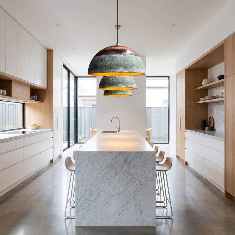 Green Patina Copper Dome Pendant Light – Handmade Rustic Copper Ceiling Lamp for Kitchen Island and Dining Room
