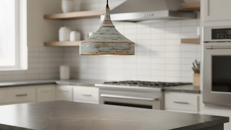 Distressed White Copper Pendant Light – Handmade Rustic Ceiling Lamp for Kitchen Island, Dining Room, and Entryway