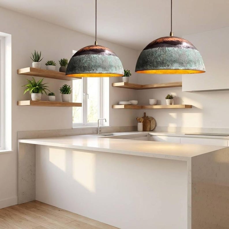 Green Patina Copper Dome Pendant Light – Handmade Rustic Copper Ceiling Lamp for Kitchen Island and Dining Room