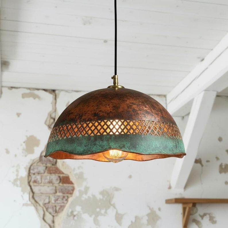 Handmade Copper Pendant Light with Perforated Pattern & Verdigris Edge – Rustic Ceiling Lamp