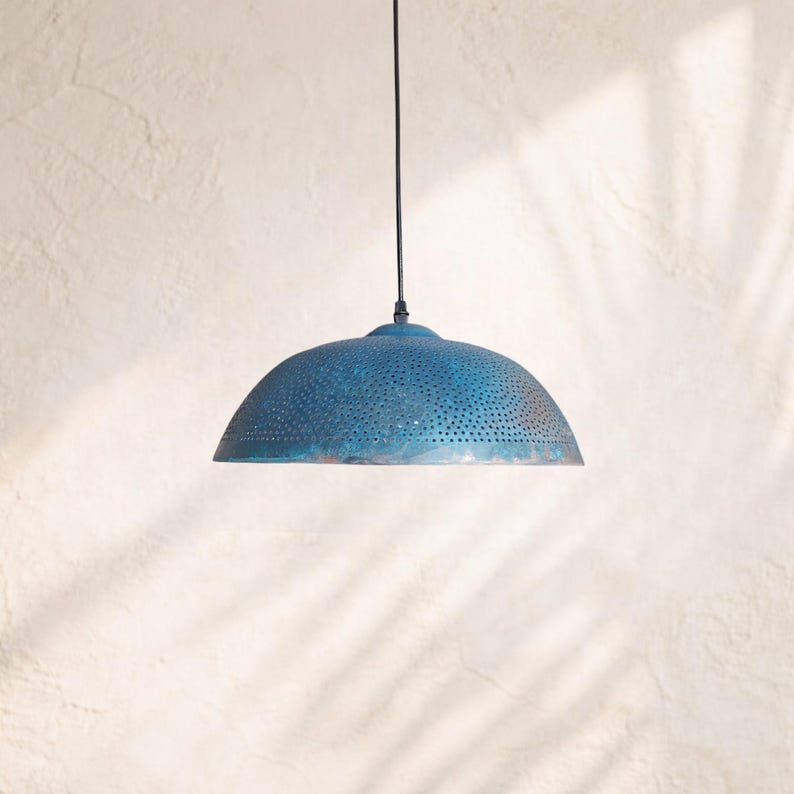 Handmade Perforated Copper Pendant Light with Blue Verdigris Patina – Rustic Dome Ceiling Lamp