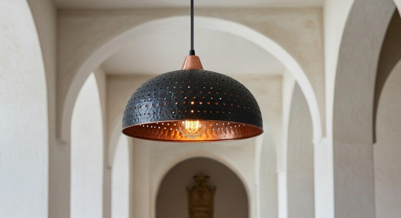 Black Hammered Copper Dome Pendant Light – Handmade Rustic Kitchen Island Ceiling Lamp