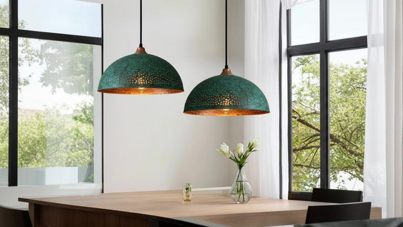 Green Patina Perforated Copper Dome Pendant Light – Handmade Rustic Ceiling Lamp for Kitchen Island and Dining Room