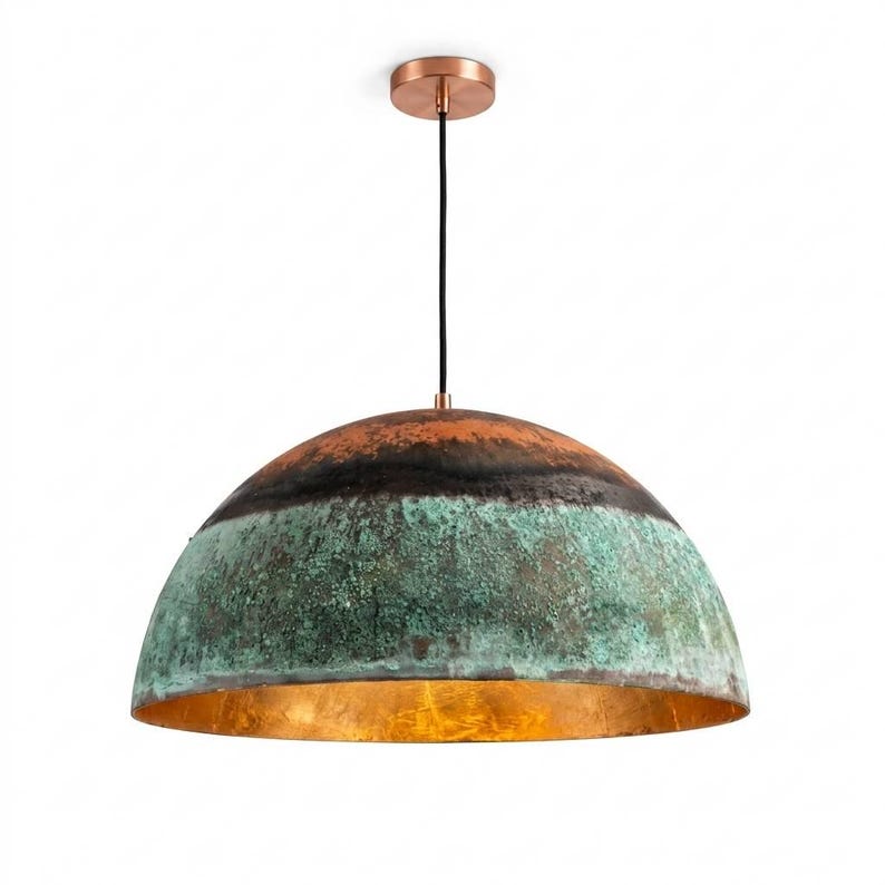 Green Patina Copper Dome Pendant Light – Handmade Rustic Copper Ceiling Lamp for Kitchen Island and Dining Room