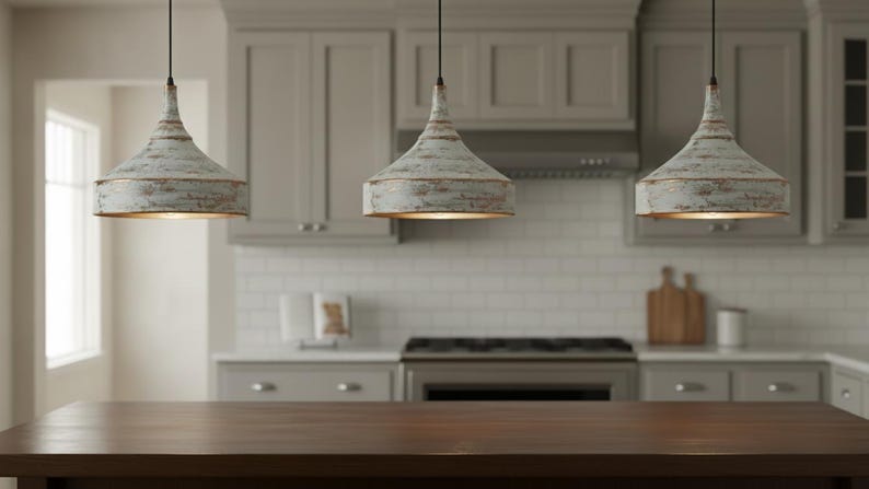 Distressed White Copper Pendant Light – Handmade Rustic Ceiling Lamp for Kitchen Island, Dining Room, and Entryway