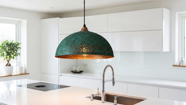 Green Patina Perforated Copper Dome Pendant Light – Handmade Rustic Ceiling Lamp for Kitchen Island and Dining Room