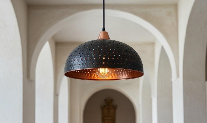 Black Hammered Copper Dome Pendant Light – Handmade Rustic Kitchen Island Ceiling Lamp