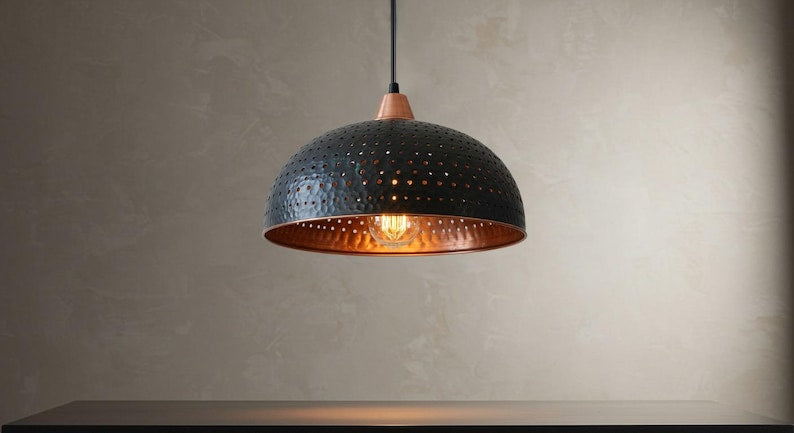 Black Hammered Copper Dome Pendant Light – Handmade Rustic Kitchen Island Ceiling Lamp