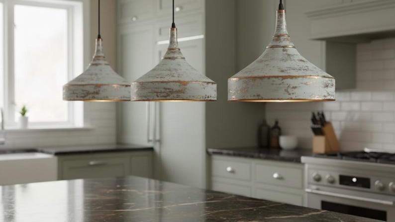 Distressed White Copper Pendant Light – Handmade Rustic Ceiling Lamp for Kitchen Island, Dining Room, and Entryway