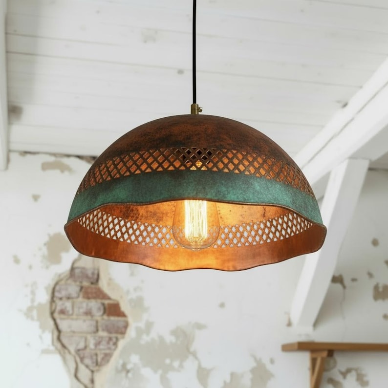 Handmade Copper Pendant Light with Perforated Pattern & Verdigris Edge – Rustic Ceiling Lamp