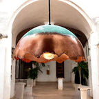 Green Patina Copper Dome Pendant Light – Handmade Rustic Copper Ceiling Lamp for Kitchen Island and Dining Room