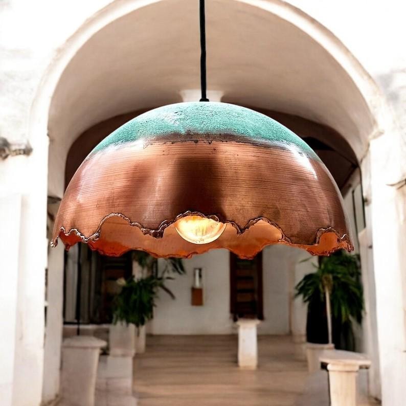 Green Patina Copper Dome Pendant Light – Handmade Rustic Copper Ceiling Lamp for Kitchen Island and Dining Room