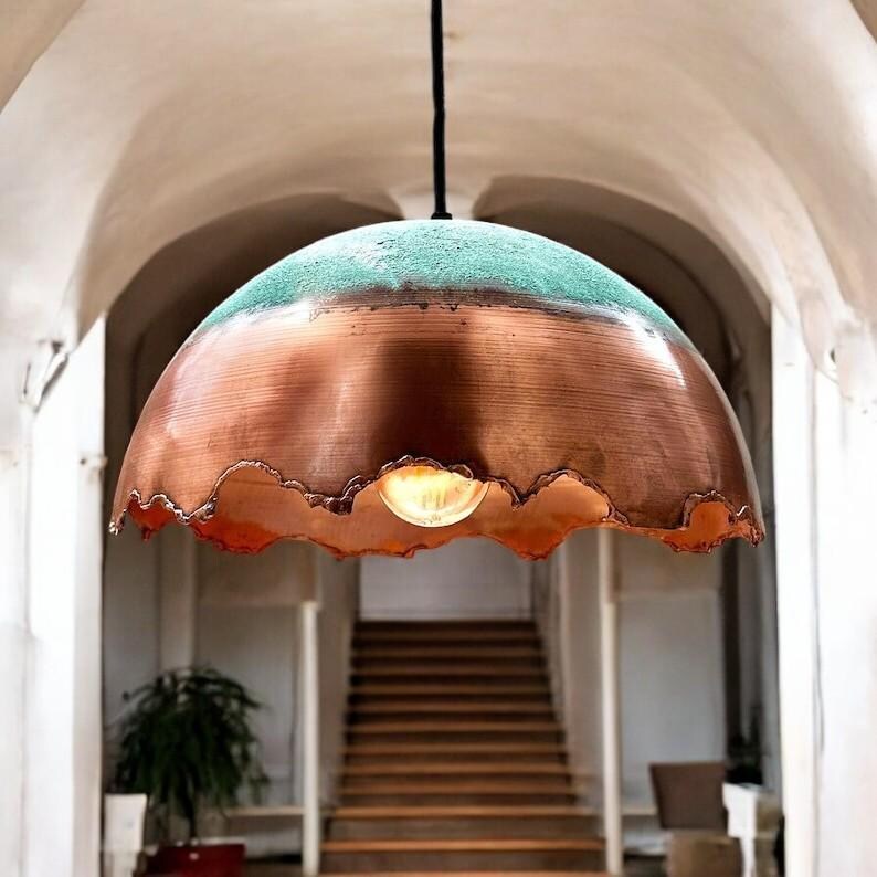 Green Patina Copper Dome Pendant Light – Handmade Rustic Copper Ceiling Lamp for Kitchen Island and Dining Room
