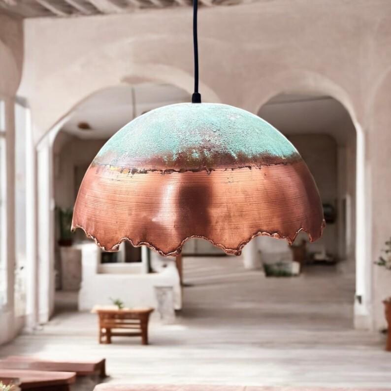 Green Patina Copper Dome Pendant Light – Handmade Rustic Copper Ceiling Lamp for Kitchen Island and Dining Room