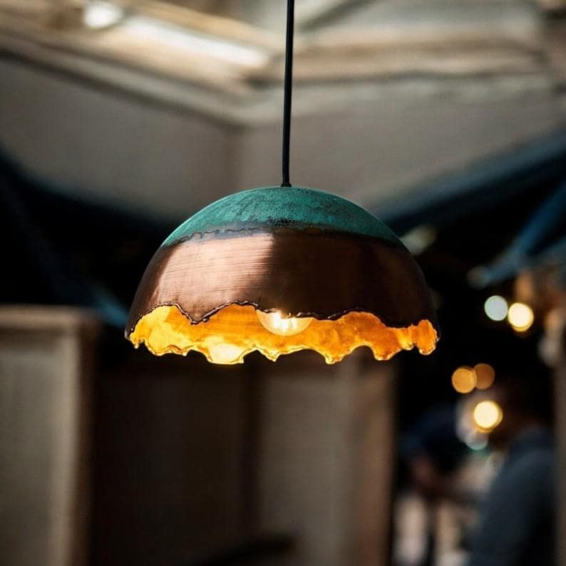 Green Patina Copper Dome Pendant Light – Handmade Rustic Copper Ceiling Lamp for Kitchen Island and Dining Room