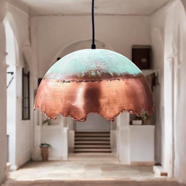 Green Patina Copper Dome Pendant Light – Handmade Rustic Copper Ceiling Lamp for Kitchen Island and Dining Room