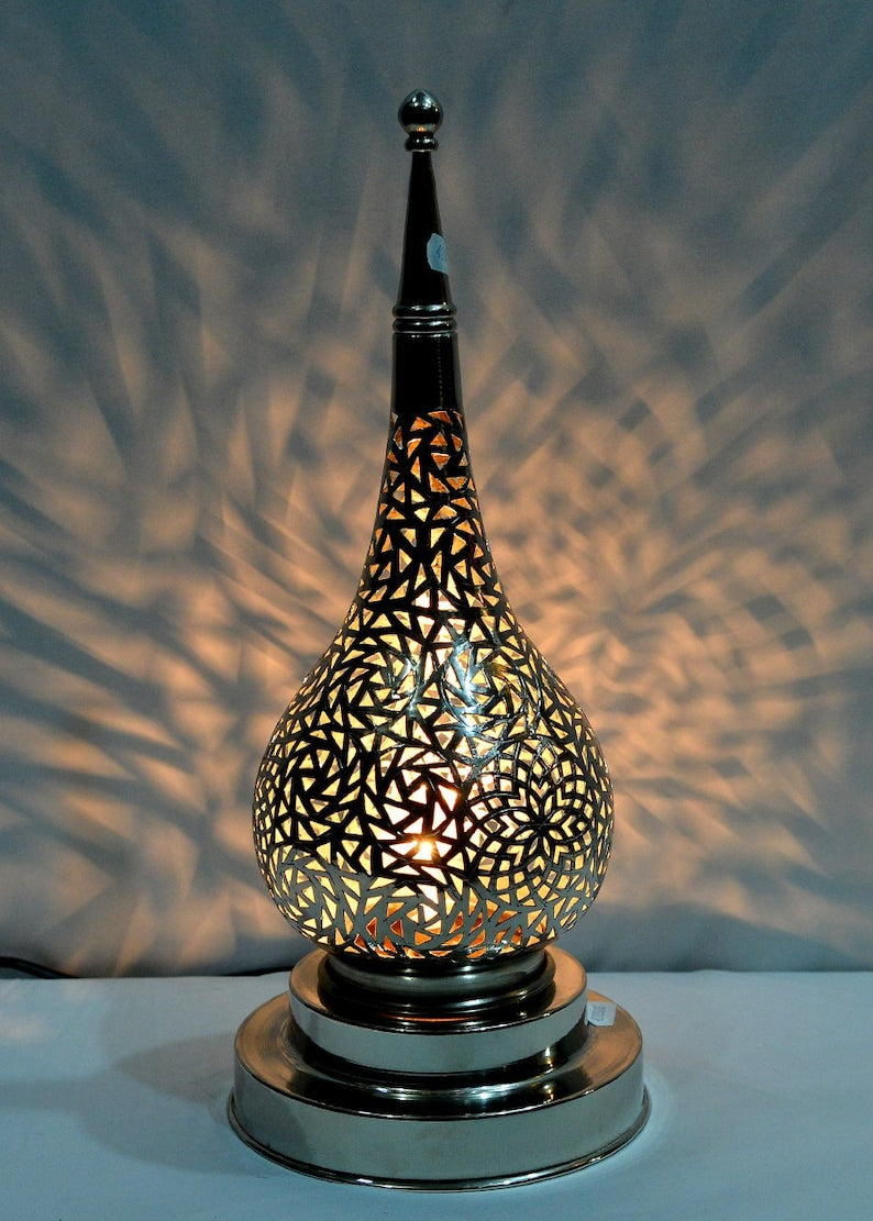 Handmade Brass Table Lamp: Moroccan Lantern Shade, Soft Light