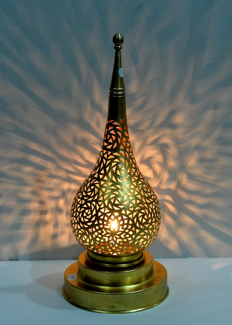 Handmade Brass Table Lamp: Moroccan Lantern Shade, Soft Light