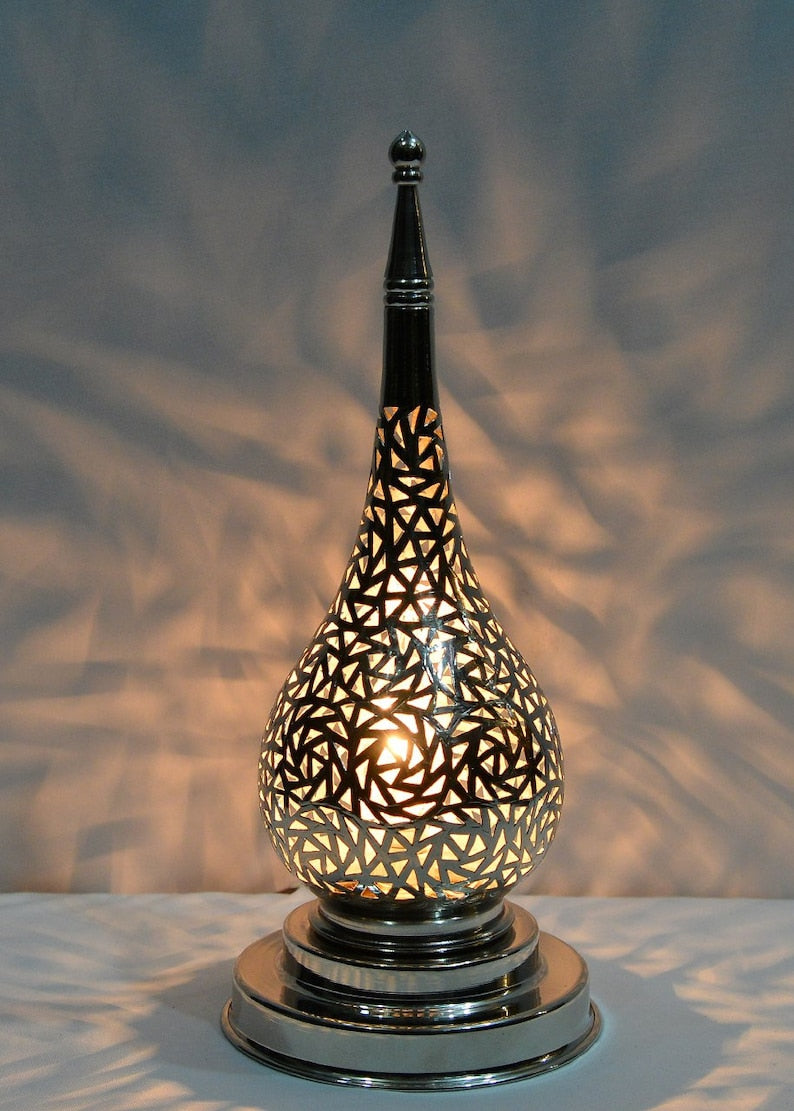 Handmade Brass Table Lamp: Moroccan Lantern Shade, Soft Light