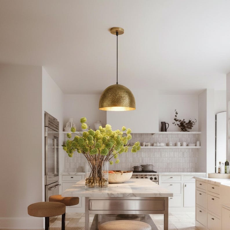 hammered brass dome ceiling light for kitchen island