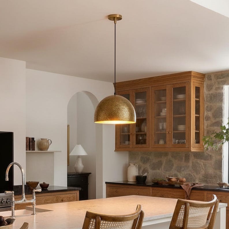 hammered brass dome ceiling light for kitchen island