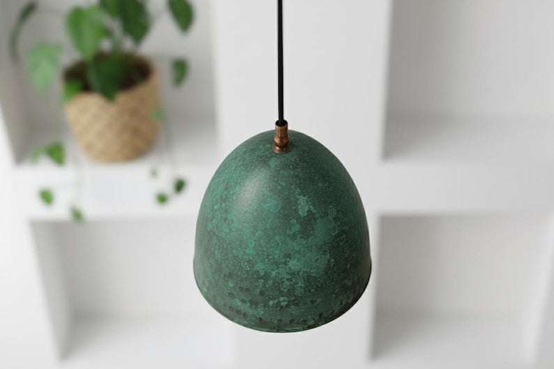 Green Patina Copper Bell Pendant Light – Handmade Rustic Ceiling Lamp for Kitchen Island and Dining Room