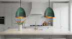 Green Patina Copper Bell Pendant Light – Handmade Rustic Ceiling Lamp for Kitchen Island and Dining Room