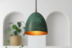Green Patina Copper Bell Pendant Light – Handmade Rustic Ceiling Lamp for Kitchen Island and Dining Room