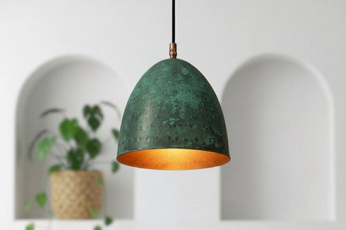 Green Patina Copper Bell Pendant Light – Handmade Rustic Ceiling Lamp for Kitchen Island and Dining Room