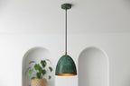 Green Patina Copper Bell Pendant Light – Handmade Rustic Ceiling Lamp for Kitchen Island and Dining Room