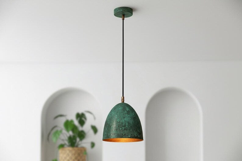 Green Patina Copper Bell Pendant Light – Handmade Rustic Ceiling Lamp for Kitchen Island and Dining Room