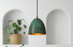 Green Patina Copper Bell Pendant Light – Handmade Rustic Ceiling Lamp for Kitchen Island and Dining Room