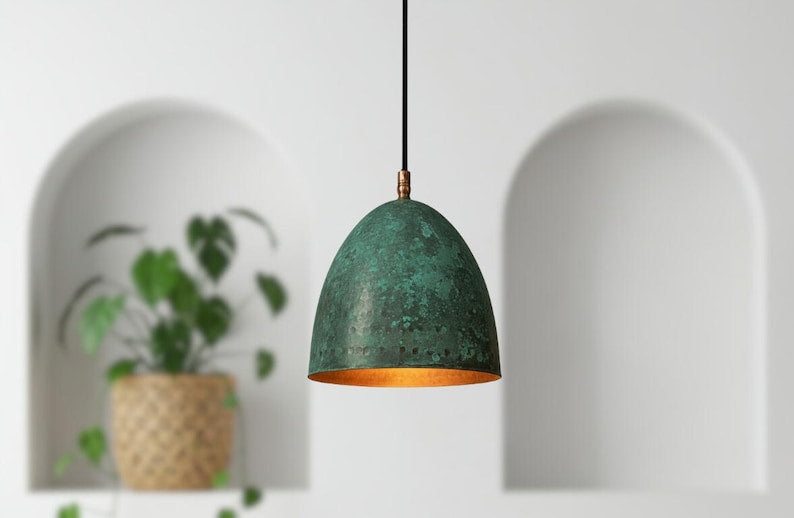Green Patina Copper Bell Pendant Light – Handmade Rustic Ceiling Lamp for Kitchen Island and Dining Room
