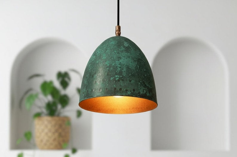 Green Patina Copper Bell Pendant Light – Handmade Rustic Ceiling Lamp for Kitchen Island and Dining Room