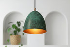 Green Patina Copper Bell Pendant Light – Handmade Rustic Ceiling Lamp for Kitchen Island and Dining Room