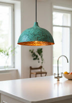Green Patina Copper Dome Pendant Light – Handmade Hammered Kitchen Island Ceiling Lamp