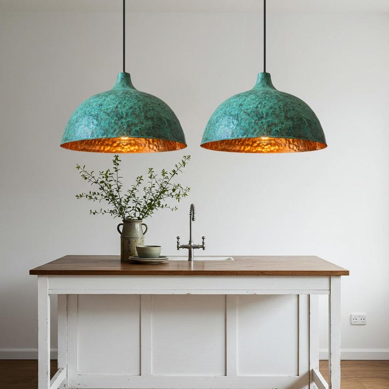 Green Patina Copper Dome Pendant Light – Handmade Hammered Kitchen Island Ceiling Lamp