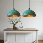 Green Patina Copper Dome Pendant Light – Handmade Hammered Kitchen Island Ceiling Lamp