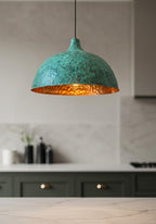 Green Patina Copper Dome Pendant Light – Handmade Hammered Kitchen Island Ceiling Lamp