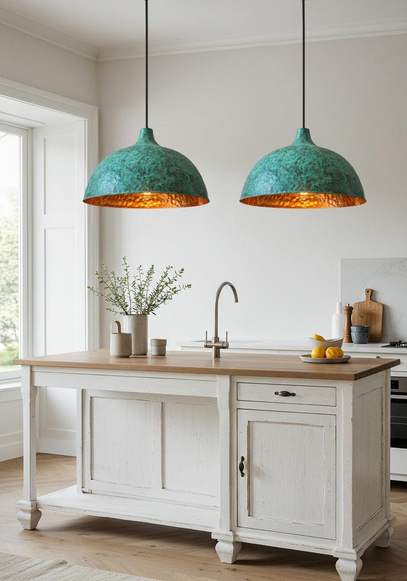 Green Patina Copper Dome Pendant Light – Handmade Hammered Kitchen Island Ceiling Lamp