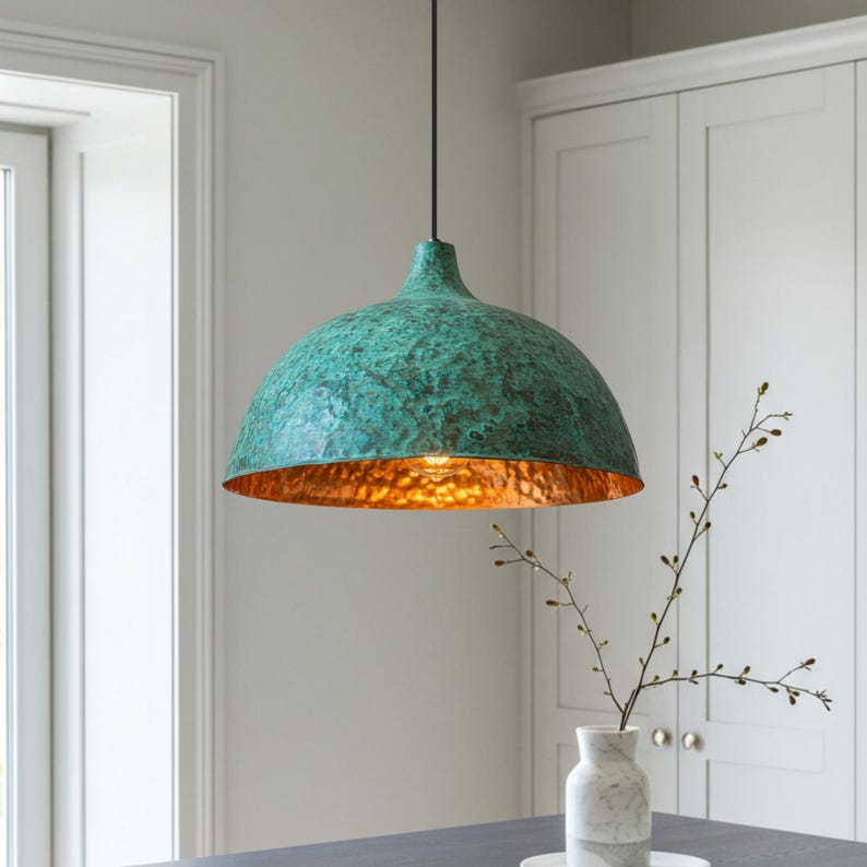 Green Patina Copper Dome Pendant Light – Handmade Hammered Kitchen Island Ceiling Lamp