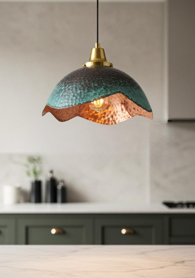 Green Patina Wavy Copper Pendant Light – Handmade Hammered Kitchen Island Ceiling Lamp