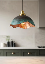 Green Patina Wavy Copper Pendant Light – Handmade Hammered Kitchen Island Ceiling Lamp